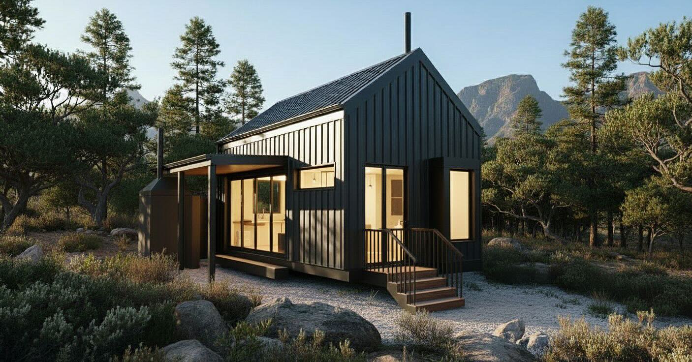 Dark timber cabin set among trees and mountains